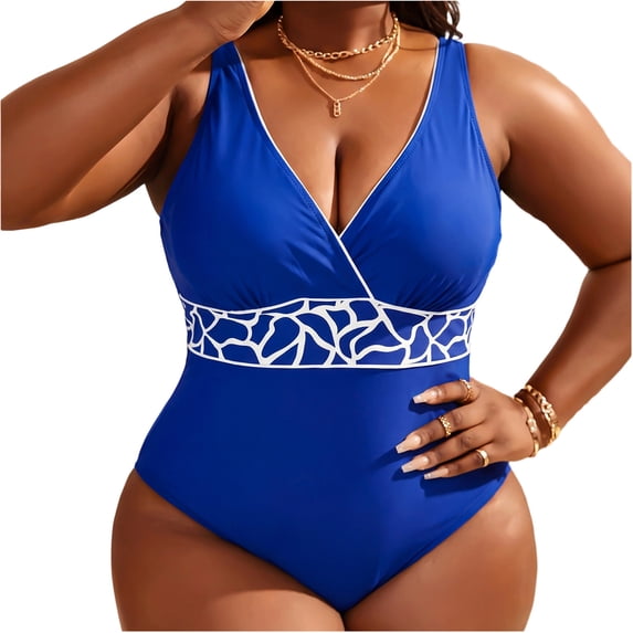 UTSJKR Plus Size Swimsuit for Women Adjustable Straps Tummy Control Bathing Suit Fashion Print V Neck Push Up Swimwear Blue XXXXL