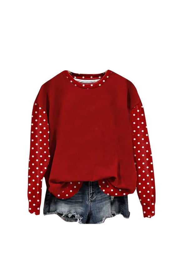 Polka Dot Sweater for Women 2026 Fashion Winter Spring Chunky Crewneck Lantern Sleeve Loose Knit Pullover Sweaters Top Red M