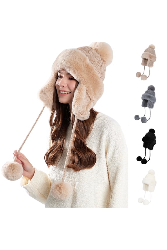 Pom-poms Hats for Women Winter Cute Fleece Cuffed Beanies Fashion Earmuffs Outdoor Cold Proof Cap Knitted Beanie Black