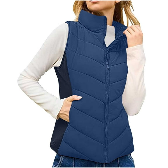 UTSJKR Puffer Vest Women Sleeveless Zip Up Outerwear Stand Collar Quilted Vest Warm Winter Jackets Coats with Pocket Navy L