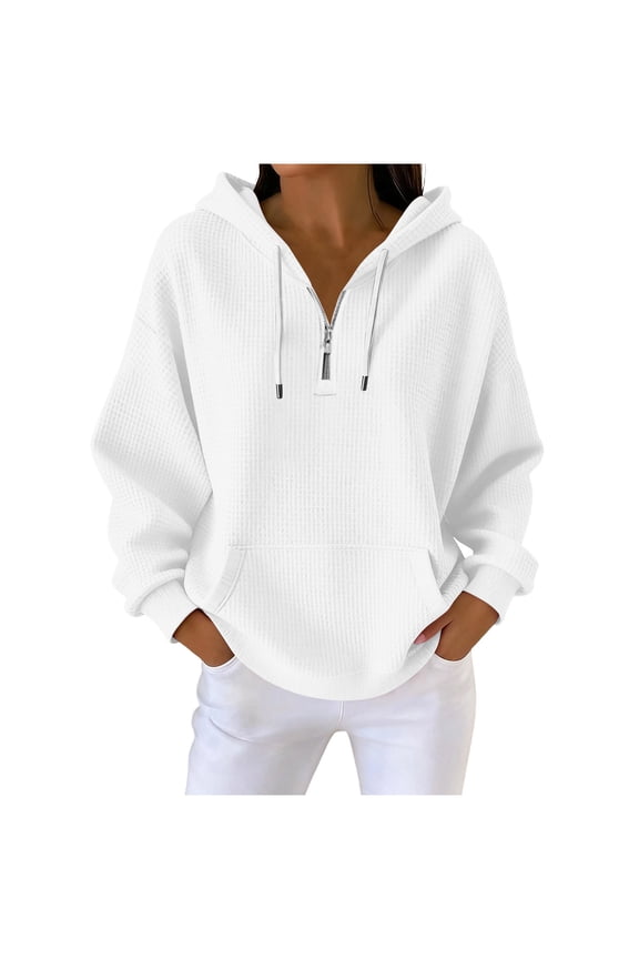 Quarter Zip Hoodie Women Mokaloha Unisex Shirts Long Sleeve Waffle Solid Color Sweatshirt 1/4 Zip Pullover with Pockets White XXL