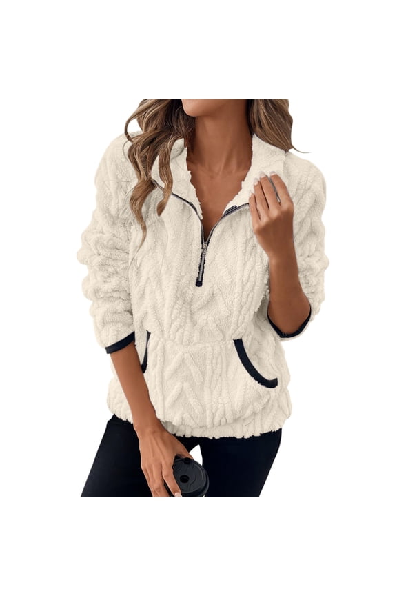 Quarter Zip Pullover Women Cable Fuzzy Fleece Pullover Sherpa Fall Warm Oversized 3/4 Zip Sweatshirt with Pocket Beige XXL