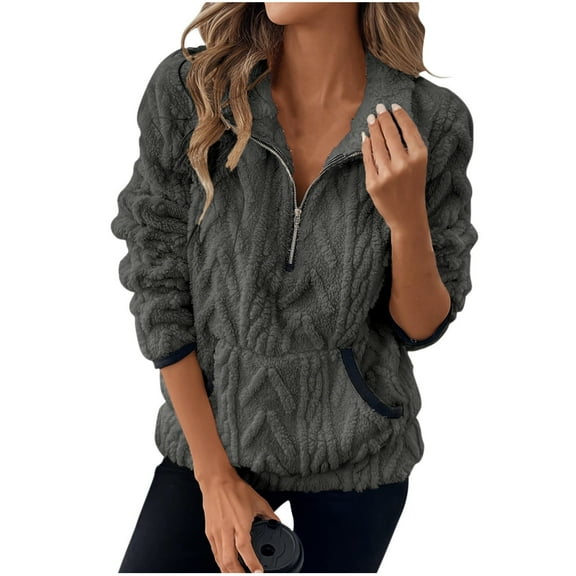 UTSJKR Quarter Zip Pullover Women Cable Fuzzy Fleece Pullover Sherpa Fall Warm Oversized 3/4 Zip Sweatshirt with Pocket Black XL