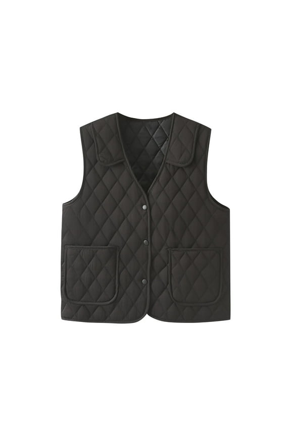 Quilted Vest for Women Lightweight Button Down Padded Sleeveless Jacket V Neck Puffy Fleece Puffer Gilet with Pockets Black XL