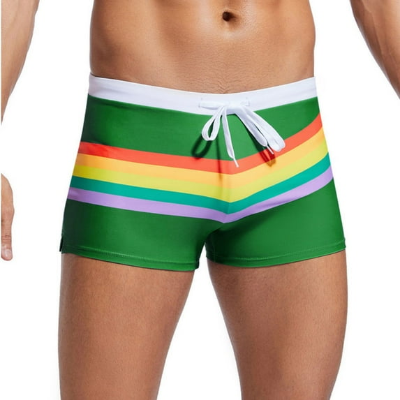 UTSJKR Rainbow Striped Board Shorts for Men Drawstring Waist Swiming Truncks Quick-Drying Summer Beach Boxers Brief Swimwear Green XXL
