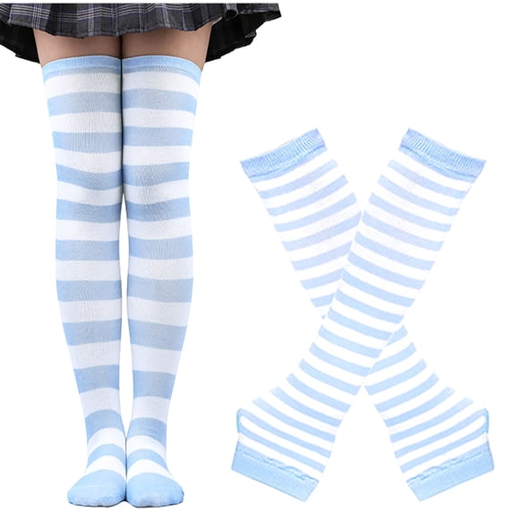 UTSJKR Red and White Striped Arm Leg Warmers Sleeves Set Rainbow Socks Knee High Fingerless Gloves Hand Thigh Warm Light Blue
