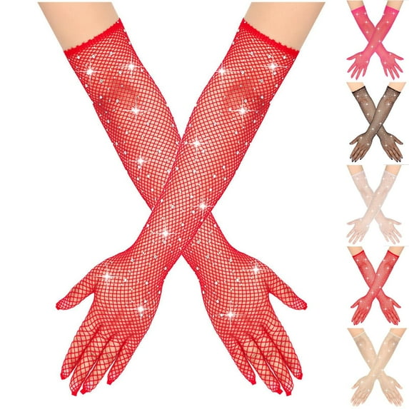 UTSJKR Rhinestone Long Fishnet Gloves Mesh Rave Gloves Bling Elbow Length Evening Party Glove for Women and Girls Beige