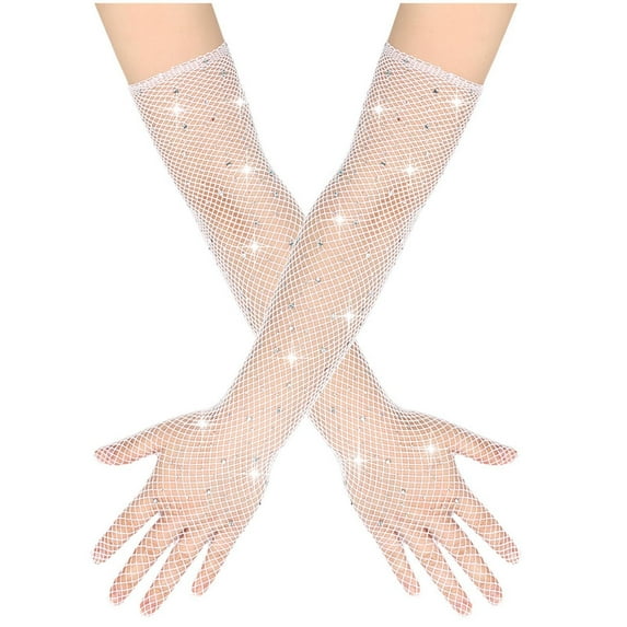 UTSJKR Rhinestone Long Fishnet Gloves Mesh Rave Gloves Bling Elbow Length Evening Party Glove for Women and Girls White