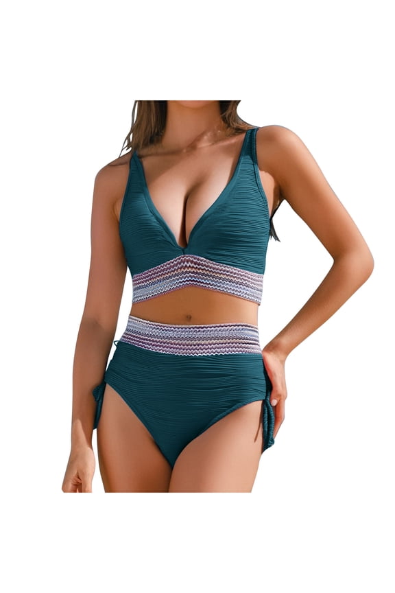 Ruched Tummy Control Bikini Swimsuits for Women Color Block Two Piece Tankini Sets Swimwear High Waisted Bathing Suits 2025 Blue XL