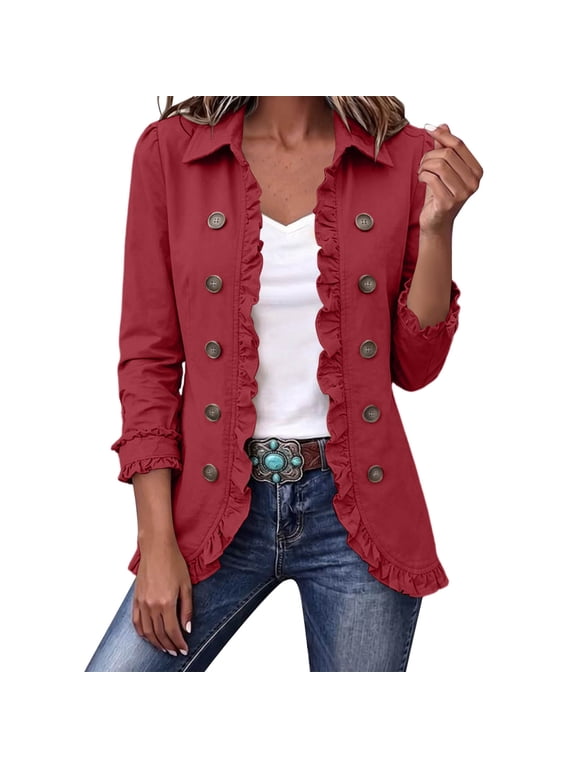Ruffled Denim Jacket for Women Long Sleeve Lapel Collar Double Button Open Front Outerwear Coat with Side Pocket Wine XXXL