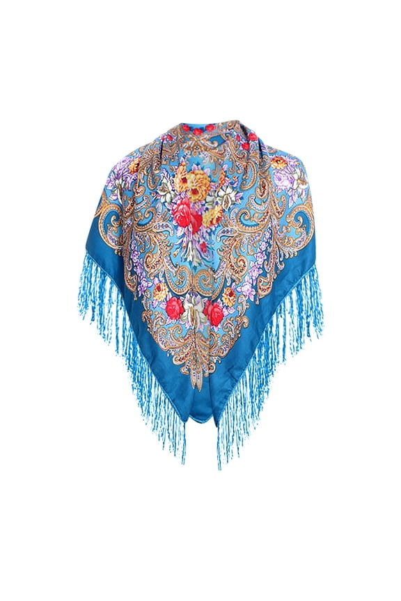 Russian Style Muffler Scarf Women's Traditional Scarf Wrap Tassel Shawl Fringes Neck Head Shawl Retro Scarfs Sky Blue