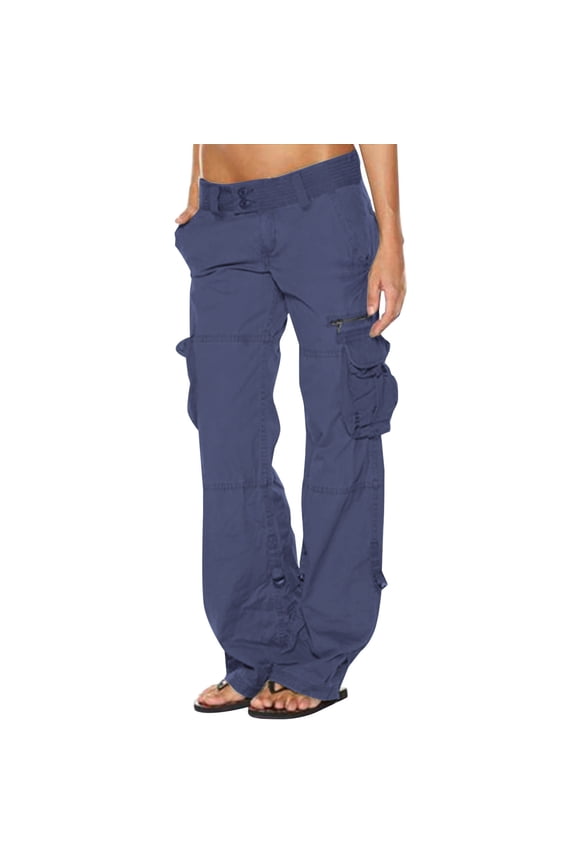 2024 Women's Baggy Cargo Pants Solid Harem Pants Zipper Pockets Long Trousers Wide Leg Palazzo Pants Blue 10