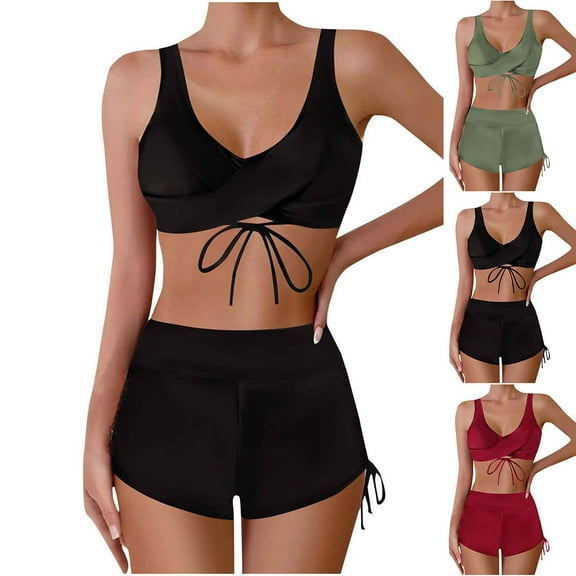 UTSJKR Bathing Suits for Women Modest Push up Bikini Top High Waisted Tummy Control Boyshorts 2 Piece Full Coverage Swimsuit Black XXL