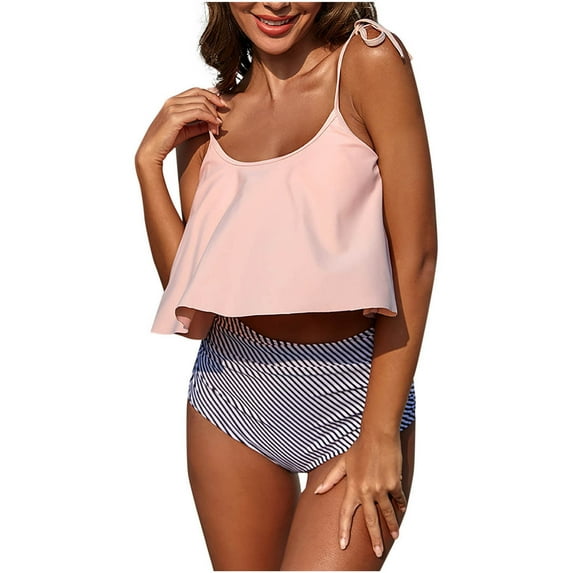 UTSJKR Bikini Bathing Suits for Women Two Piece Swimsuits Tummy Control Bottom Ruffled Flounce Tops High Waisted Bikini Sets Pink S