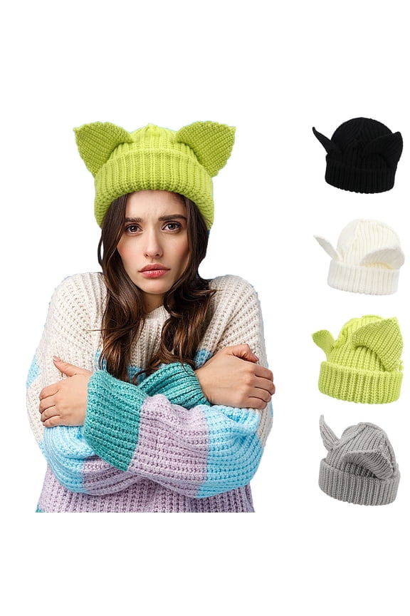 Savings Cat Ear Hat Cute Beanie Hat Knit Skull Cap Ski Hat Warm Funny Hat Knit Beanie Hats Wool Cap Warm Slouchy Crochet Hat Black