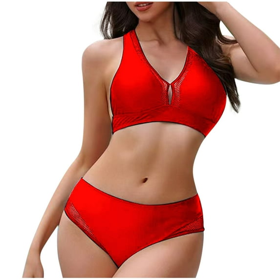 UTSJKR Cute Bikinis Sets for Women V Neck Triangle Top Wide Straps Swimsuit Two Piece Full Coverage Bathing Suits 2025 Red M