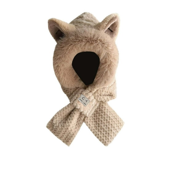 UTSJKR Cute Fox Ears 2-in-1 Hat and Scarf, Integrated Ear Protection Windproof Cap, Winter Set for Women Cold Proof Neck Scarf Earmuffs Hat Khaki M