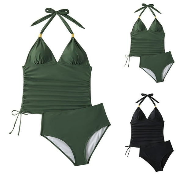 UTSJKR High Waisted Tankini Sets for Women Ruched Halter Padded Swimsuits Tummy Control 2 Piece Bathing Suit Beach Outfits Black M