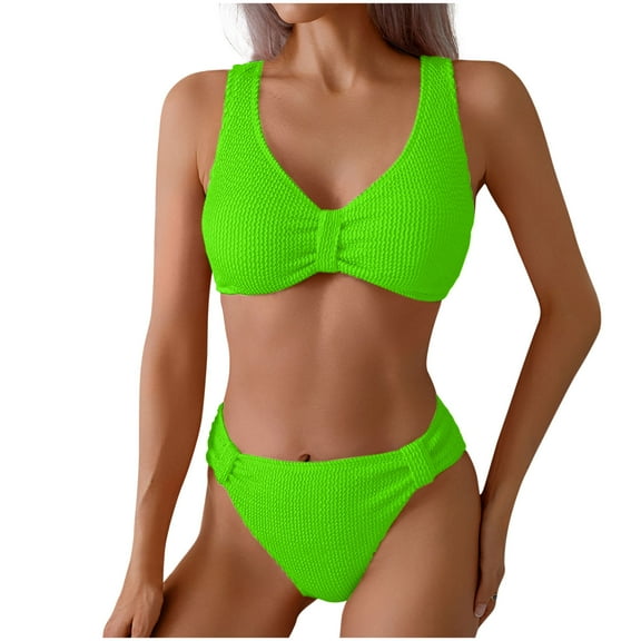 UTSJKR Mid Rise Bikini Sets for Women Trendy Two Piece Bathing Suits V Neck Ruched Padded Swimsuit Solid Color Swimwear Mint Green L