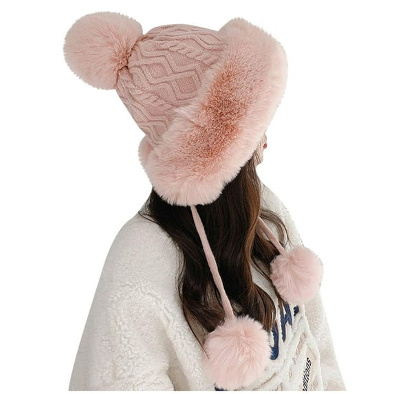 UTSJKR Peicees Womens Fur Hats with Pompom for Winter Warm Knit Beanie Skull Cap Russian Ushanka Trapper Hat with Ear Cover Pink