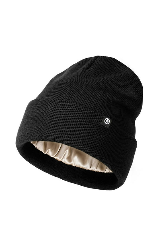 Satin Lined Beanie for Women Fashionable Winter Hats Silk Beanies Warm Soft Ribbed Knit Hat Skull Cap for Men Teen Black
