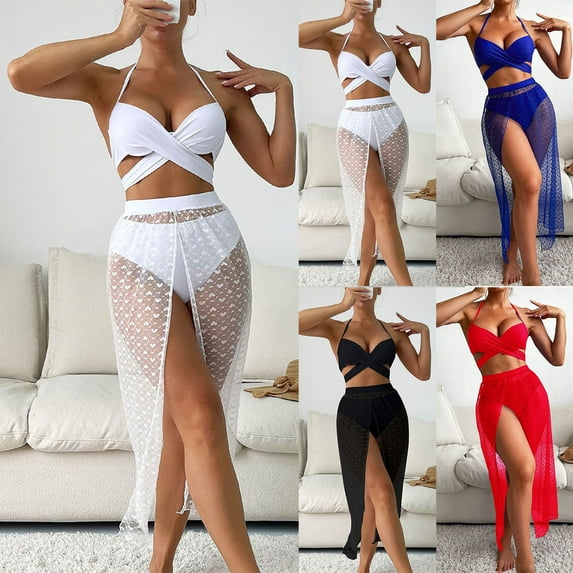 UTSJKR Sexy Crossover Halter Bikini Sets for Women 3 Piece Swimsuits with Cover Up Mesh Skirt High Waisted Beach Bathing Suit Black S