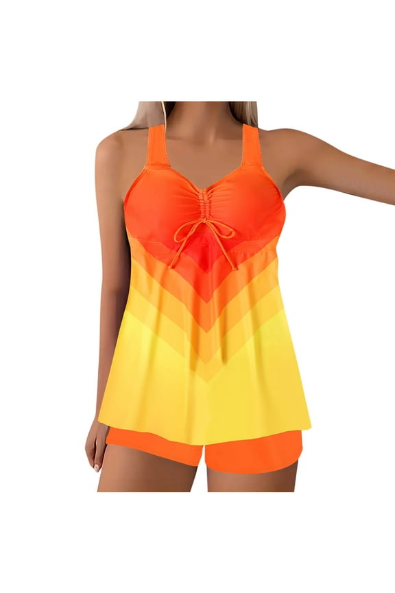 Swim Suits for Women 2025 Plus Size Gradient Printing Tankini Swimsuits 2 Piece Flowy Bathing Suits with Boy Shorts Orange XXXXXL