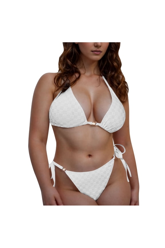 Triangle Thong Bikini Sets for Women Sexy String Brazillian Two Piece Swimsuit Halter String Tie Side Bathing Suit White L