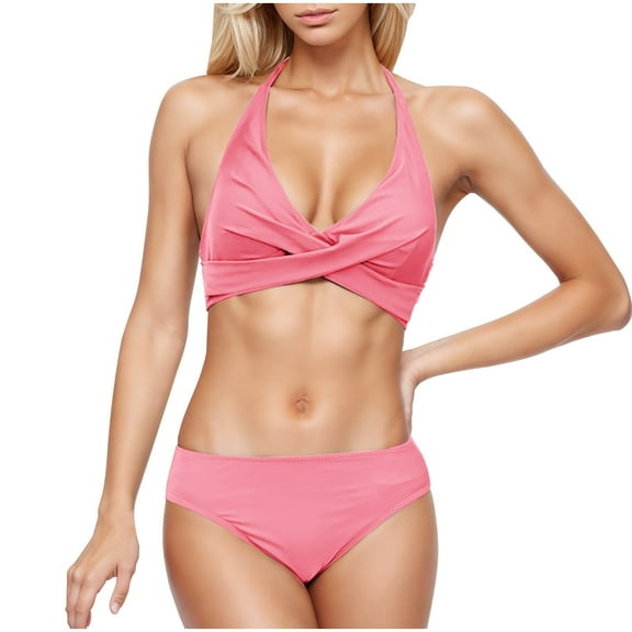 UTSJKR Two Piece Bikini Sets for Women Halter Wrap Criss Cross Bathing Suit Summer Fashion High Waisted Bikini Swimsuit Pink M