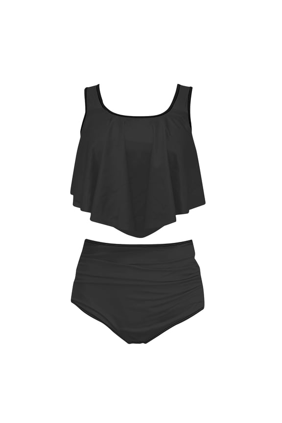 Two Piece Bikini Swimsuit for Women Ruffled Flounce Top with High Waisted Ruched Bathing Suit Tummy Control Bottom Black M
