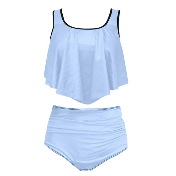UTSJKR Two Piece Bikini Swimsuit for Women Ruffled Flounce Top with High Waisted Ruched Bathing Suit Tummy Control Bottom Light Blue M