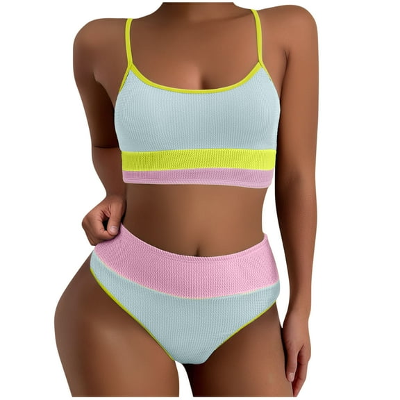 UTSJKR Women 2 Piece Bikini Set High Waisted Color Block Swimsuit 2025 Summer Beach Scrunch Ribbed Bathing Suit Light Blue L
