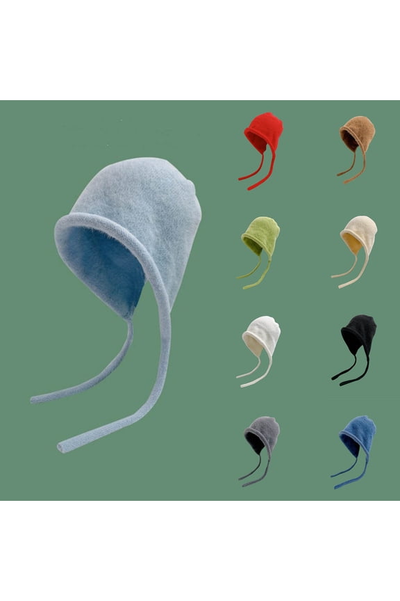 Women Fashion Winter Knitted Beanie Hat with Earflaps Faux Fur Pom Fleece Lined Thick Warm Ribbed Wide Brim Cap Beige M