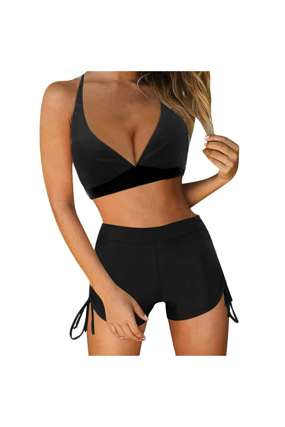 Women High Waisted Bikini Sets Two Piece Swimsuit Athletic Bathing Suits Tummy Control Swimwear with Boy Shorts Black XXL