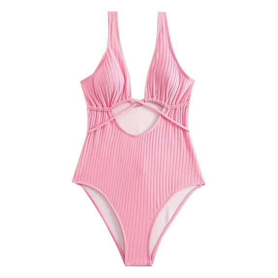 UTSJKR Women Monokini Bikini 1 Piece Swimsuit V-Neck Bathing Suit Keyhole Cutout Swimwear Hawaii Holiday Casual Beachwear Pink M