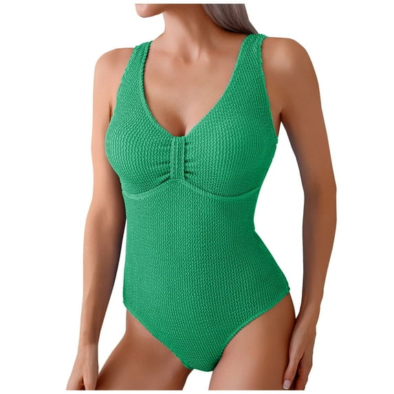 UTSJKR Women One Piece Swimsuit Trendy Casual Summer Solid Ribbed Monokini Swimwear Classic V Neck Low Back Bathing Suit Green 12
