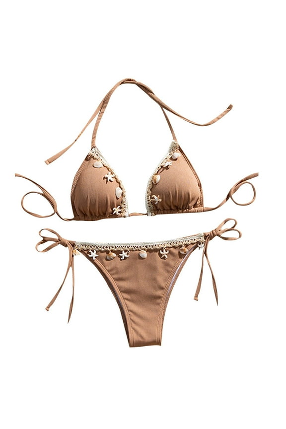 Women's 2 Piece Halter Triangle Bathing Suit Ribbed Bikini Swimsuits Color Block riangle String Bikini Sets Khaki L