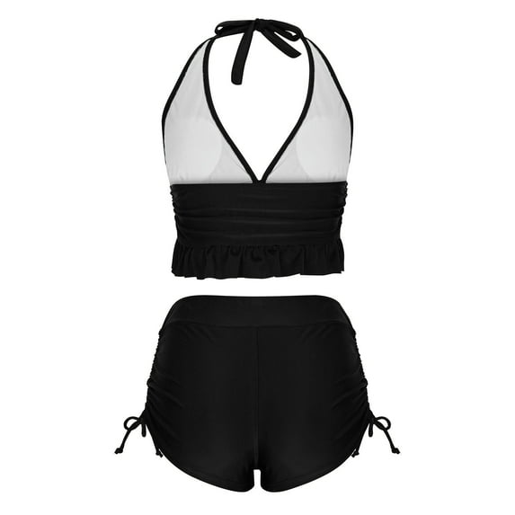 UTSJKR Women's 2 Piece Tankini Set Two Piece Ruffle Bathing Suits Summer Beach Ruched Halter Swimsuits with Shorts Black L