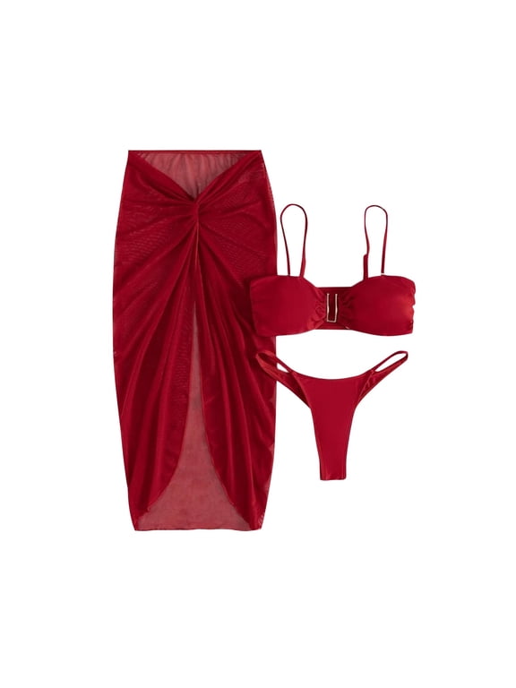 Women's 3 Piece Bikini Set Summer Fashion Swimsuit V Wired Bikini Bathing Suit with Twist Beach Skirt Red L