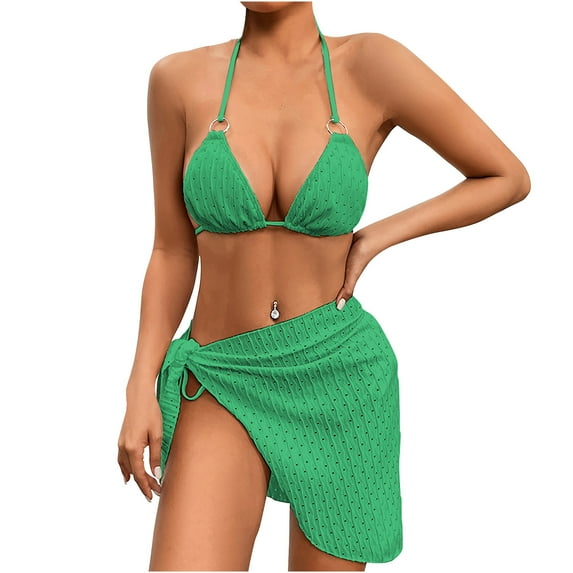 UTSJKR Women's 3 Piece Swimsuits Sexy Halter Triangle String Bikini Set with Beach Skirt Cheeky High Waisted Bathing Suit Green L