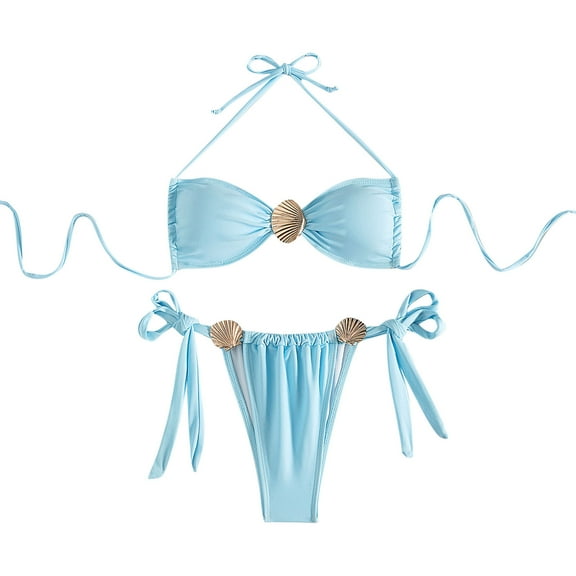 UTSJKR Women's Cheeky Two Piece String Bikini Set Shell Ring Ruched Brazilian Thong Swimsuits Metal Accessories Bikini Sets Sky Blue S