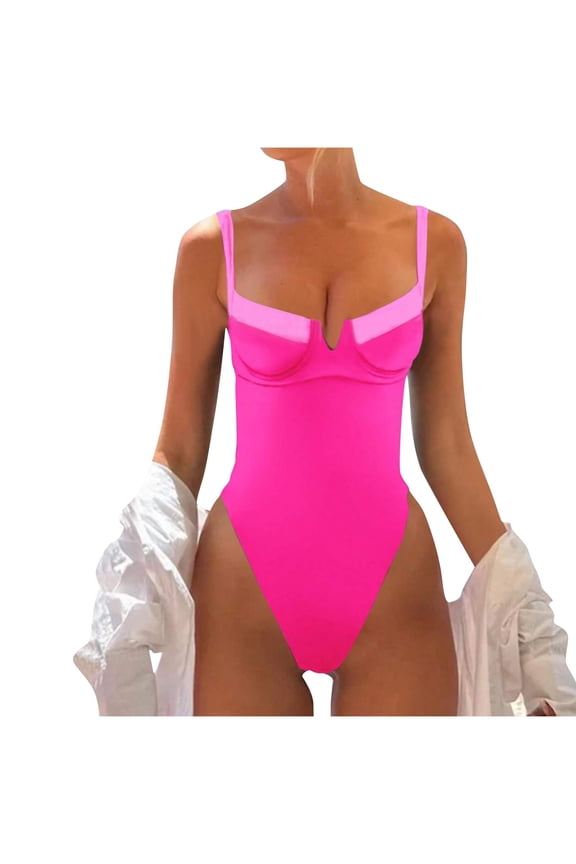 Women's One Piece Swimsuit Tummy Control Bathing Suits High Cut V Neck Color Block Slimming Spaghetti Strap Swimwear Pink XL