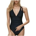 thumbnail image 1 of UTSJKR Women's One Piece Swimsuit Tummy Control Deep V Neck Double Straps Crisscross Back Tie Bathing Suit Black L, 1 of 3
