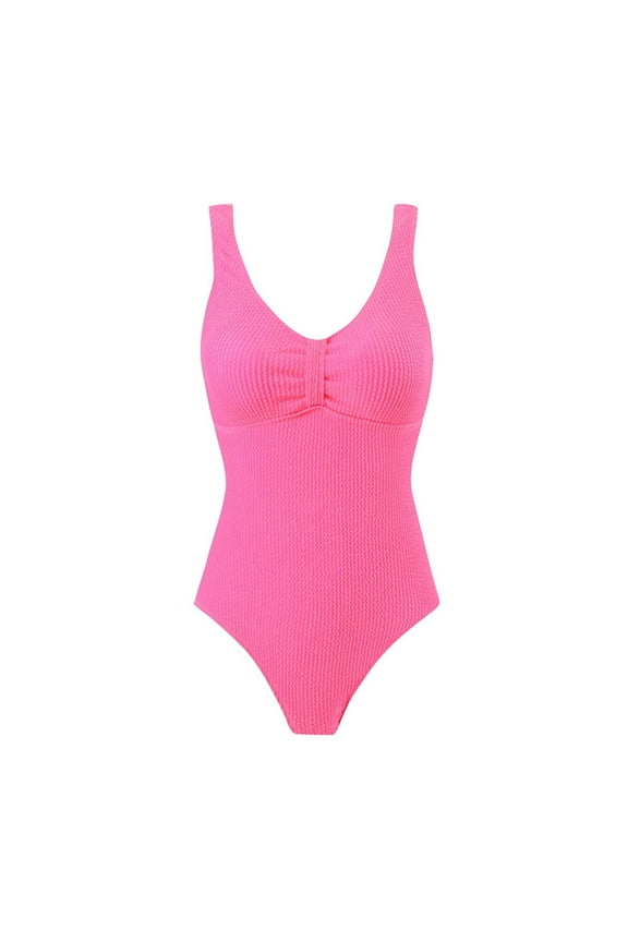 Women's One Piece Swimsuits Ribbed Textured Swimwear V Neck Push Up Bathing Suit Pool Party Outfits Hot Pink S