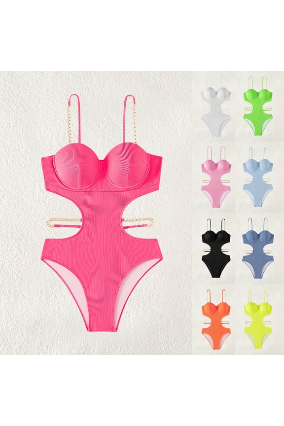 Women's One Piece Swimsuits Sexy Hollow Out Metal Chain Strap Bikini Bathing Suits High Waist Back Tie Swimwear Black M