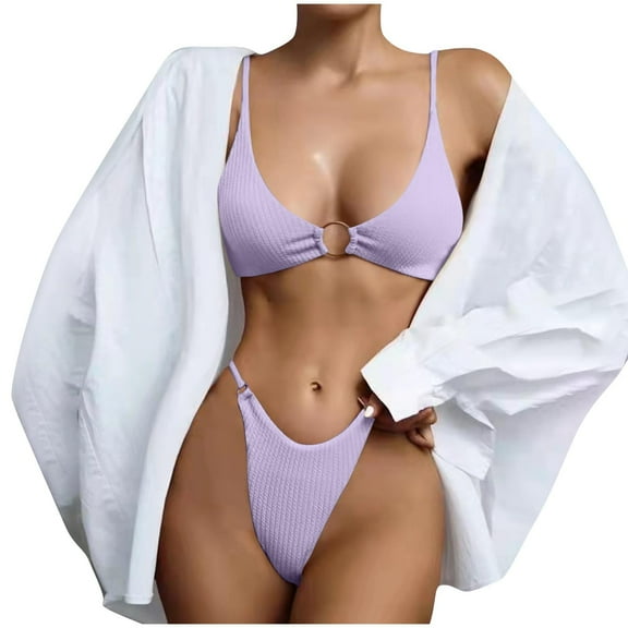 UTSJKR Women's Ribbed O-Ring String Bikini Swimsuit Cheeky Bikini Sets for Women Two Pieces Bathing Suit Purple S