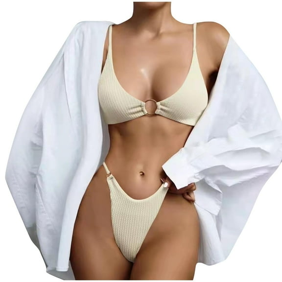 UTSJKR Women's Ribbed O-Ring String Bikini Swimsuit Cheeky Bikini Sets for Women Two Pieces Bathing Suit White L