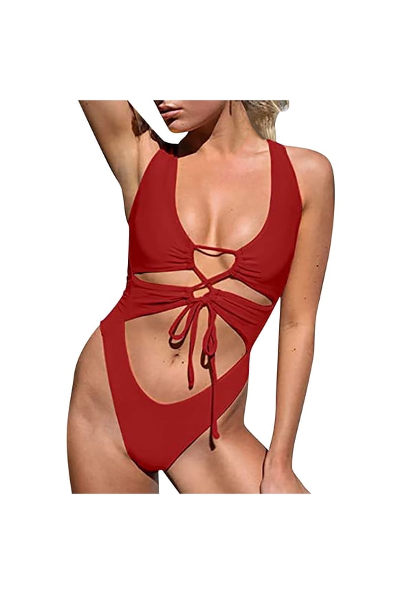 Women's Sexy High Cut One Piece Swimsuit Cutout Thong Monokini Bathing Suit Lace Up Bikini Swimwear Wine XL