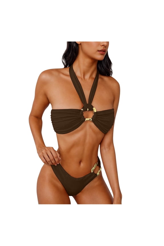 Women's Twisted Ruched Bikini Sets Two Piece Swimsuits Sexy Halter Cheeky Bathing Suits for Summer Beach Brown S