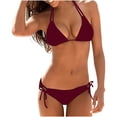 thumbnail image 1 of UTSJKR Women's Two Piece Bikini Sets Halter Swimsuit Sexy Ribbed Triangle Top Bathing Suits String Cheeky Bikini Sets Wine M, 1 of 2